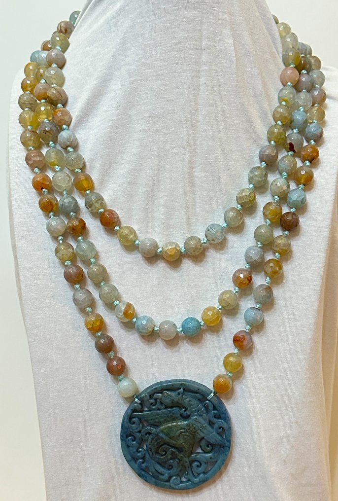 蓝色玛瑙，非常稀有，是Cristiano的护身符“Pegaso”。精神性、健康、神性…… - 吊坠项链 - 高品质·925纯银 #1.0