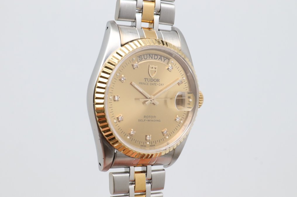 Tudor - Prince Date+Day - Zonder minimumprijs - 76213 | Gold Dial With Diamond Settings - Heren - 2000-2010  #1.0