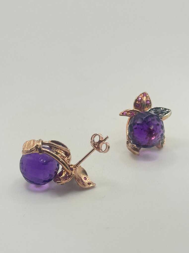 Sem preço de reserva - Brincos - 9 kt. Prata, Ouro rosa Ametista - Rubi #3.2