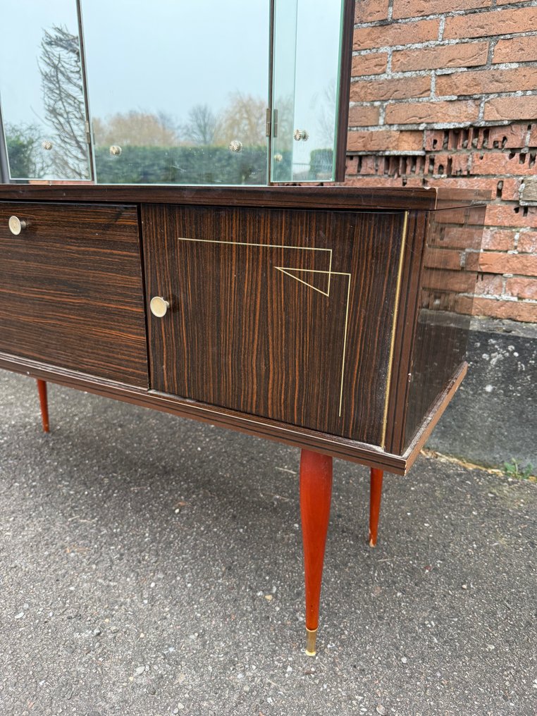 Coiffeuse - ξύλο & φινίρισμα, γυαλί, μπρούντζος, μασίφ ξύλο - Γαλλική καπταφάλε / ντουλάπα με τριπλό καθρέφτη, δεκαετία του 1950 #3.2