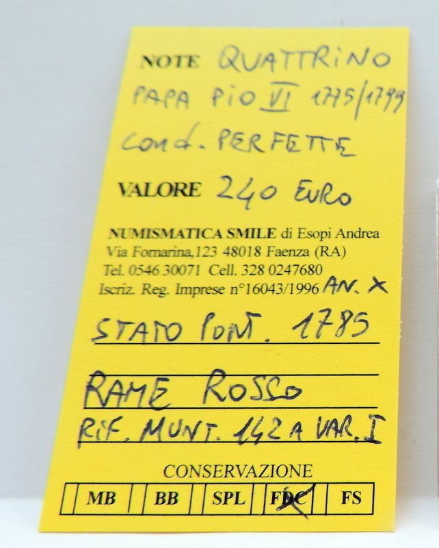 意大利 - 教皇国 Papa Pio VI. Quattrino 1785 "AN. X" periziata FDC (没有保留价) #3.2