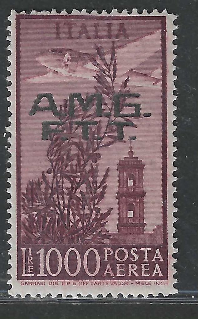 Triest - Strefa A 1948 - Trieste A: Airmail 1000 Lire AMG-FTT n.16 + Paczka pocztowa 1000 L. n.26/I perforacja liniowa. - Sassone: Trieste A n.26/I PP + n.16 PA #2.1