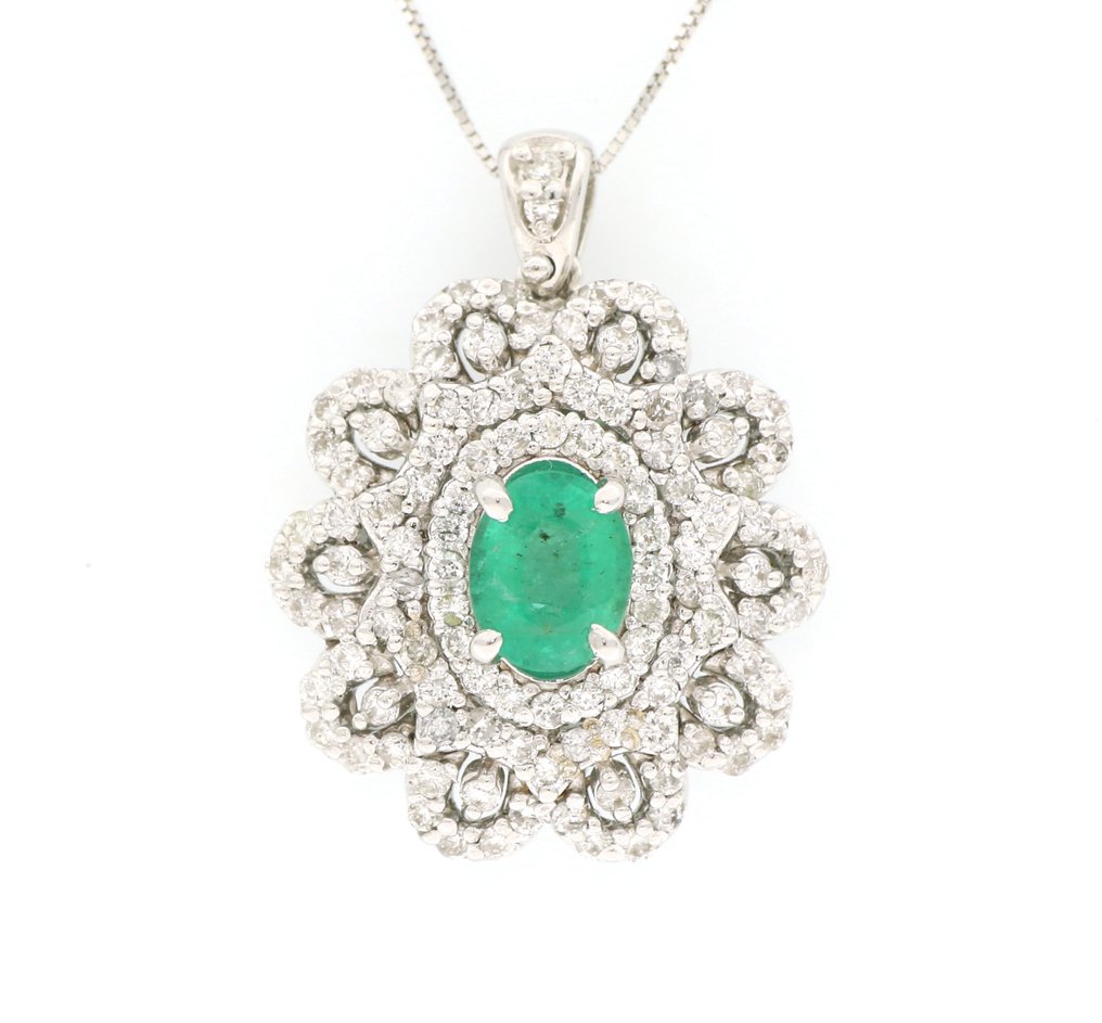 χωρίς τιμή ασφαλείας - Σκουλαρίκια - 18 καράτια Λευκός χρυσός -  1.12ct. tw. Διαμάντι (Φυσικό)  - Σμαράγδι #1.0