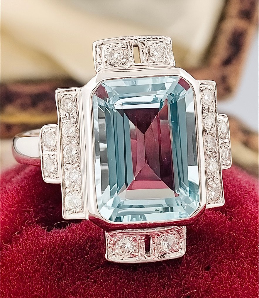 戒指 - 18 克拉 白金 海藍寶石 - 鉆石 #3.2