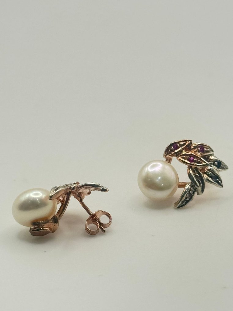 沒有保留價 - 耳環 - 9 節 銀, 玫瑰金 珍珠 - 紅寶石 #1.0