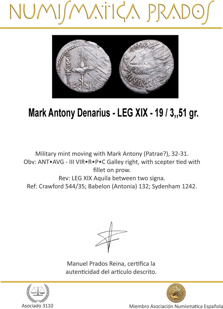 Impero romano. Marco Antonio. Denarius moving mint - LEG XIX  (Senza prezzo di riserva) #1.0