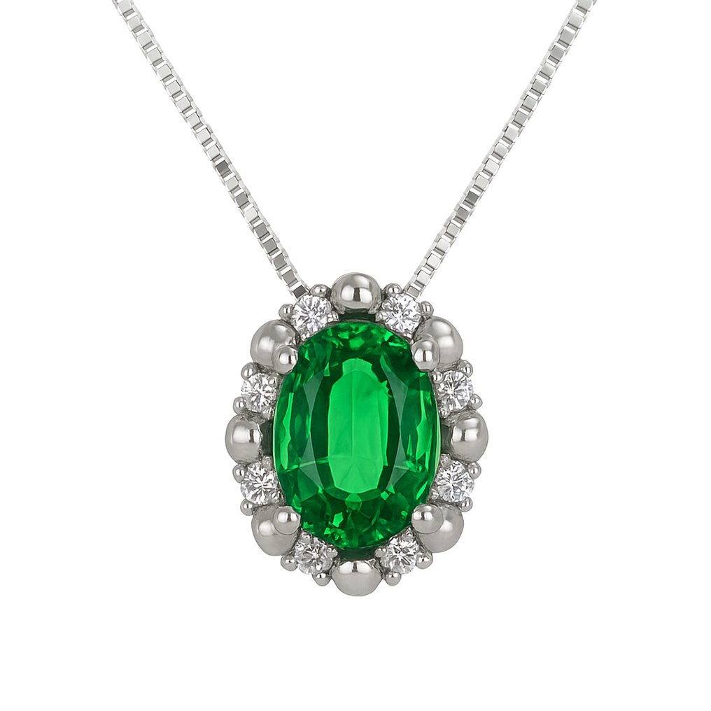 Halskæde med vedhæng - 18 kraat Hvidguld -  0.77ct. tw. Smaragd - Diamant #1.0