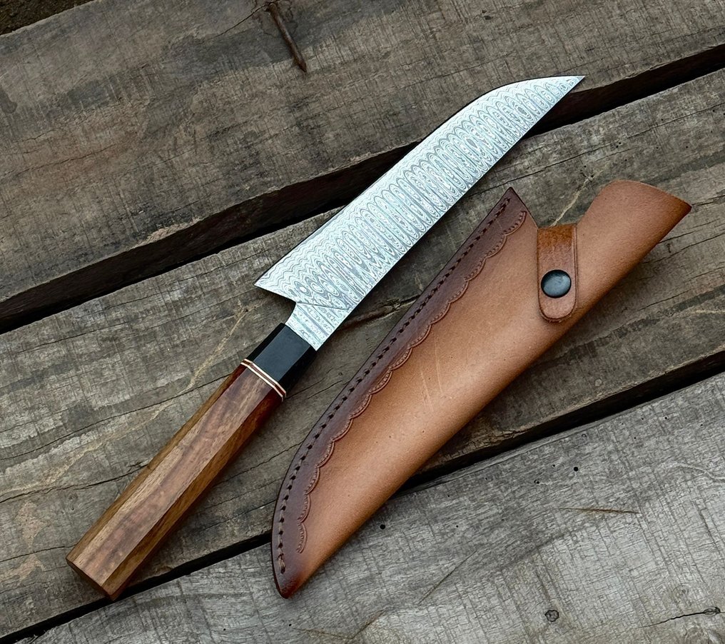 厨刀 -  厨房刀 - 大马士革10/95 15N20厨师刀，手工刀，梯形花纹 - 木头 - 亚洲 #1.0