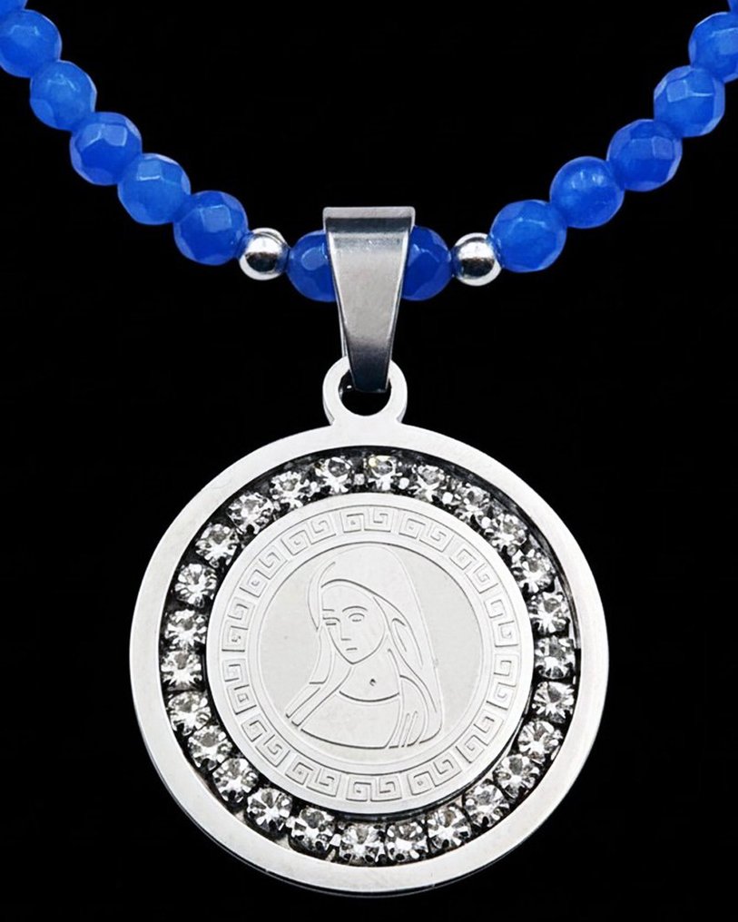 蓝宝石 - 圣母玛利亚的光辉——恩典、和平与神圣保护——扣环，925纯银珍珠 - 頸鏈 #1.0