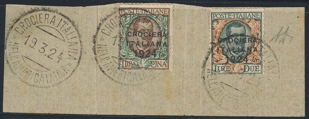意大利王国  - 意大利邮轮1924年，1和2里拉的邮票片段，带有1924年2月19日的特殊盖章（AD）。 - Sassone n. 167/168 #1.0
