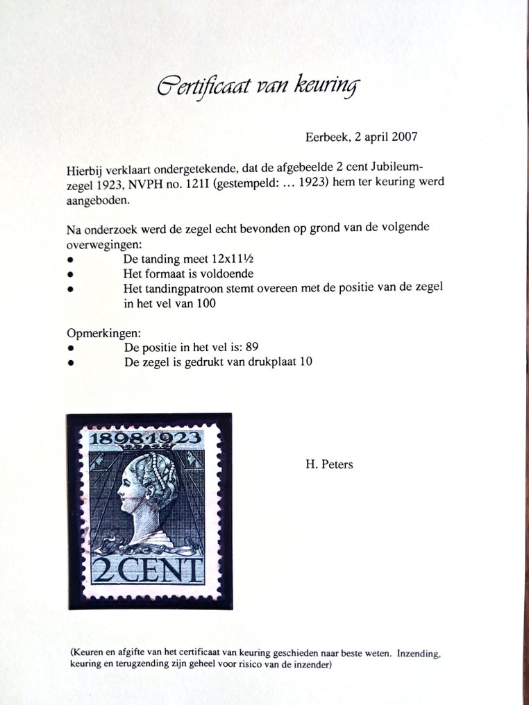 荷兰 1923 - NVPH 121 i - 板 10，第 89 位 #2.1