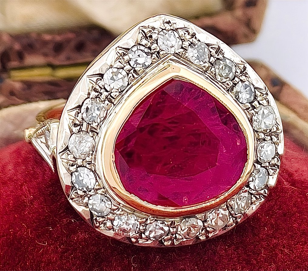 Δαχτυλίδι - 12 kt. Κίτρινο χρυσό, Ασημί Ρουμπίνι - Διαμάντι #3.2