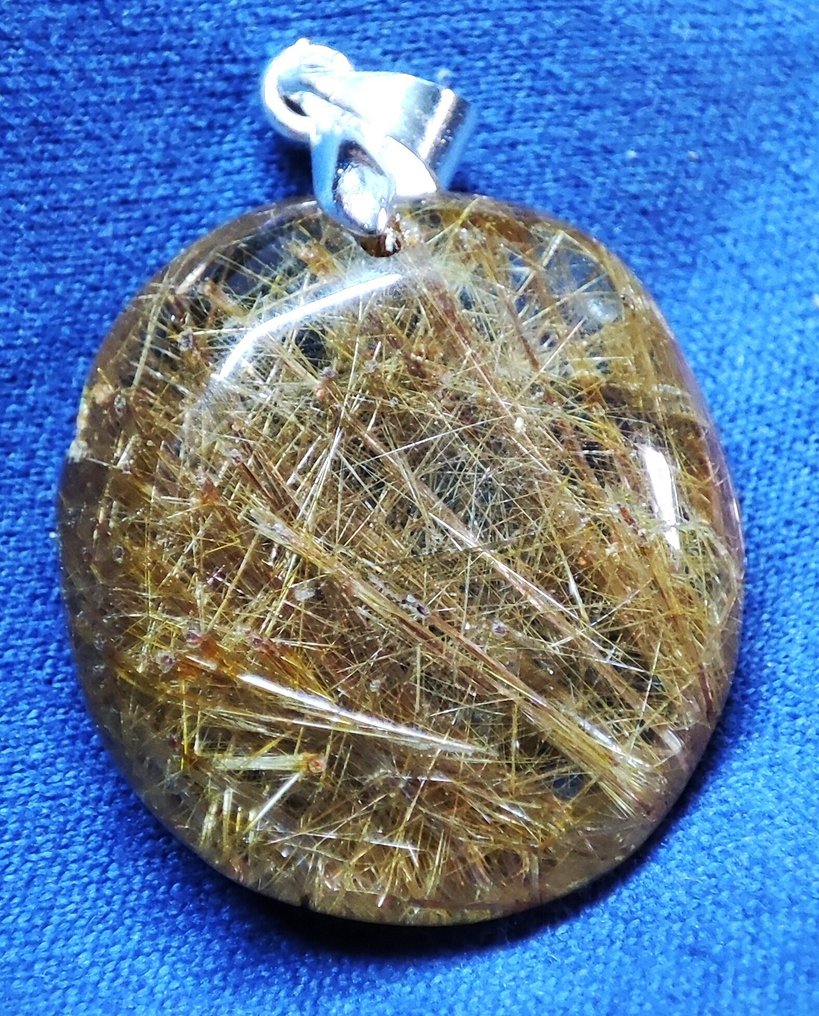 无保留价，非常漂亮，非常罕见，透明金色金红石包裹水晶石吊坠，925银夹子 - 吊坠 #1.0