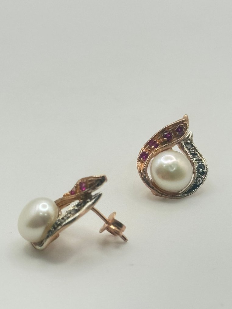 No reserve price - Earrings - 9 kt. Silver, Rose gold Ruby - Diamond #1.0