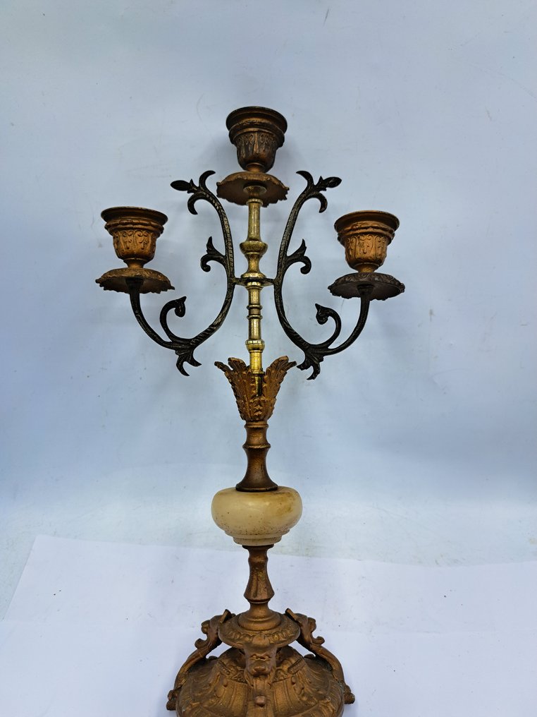 枝状大烛台 - 雪花石膏, 合金, 黄铜色 - Driepunts Kandelaber #1.0