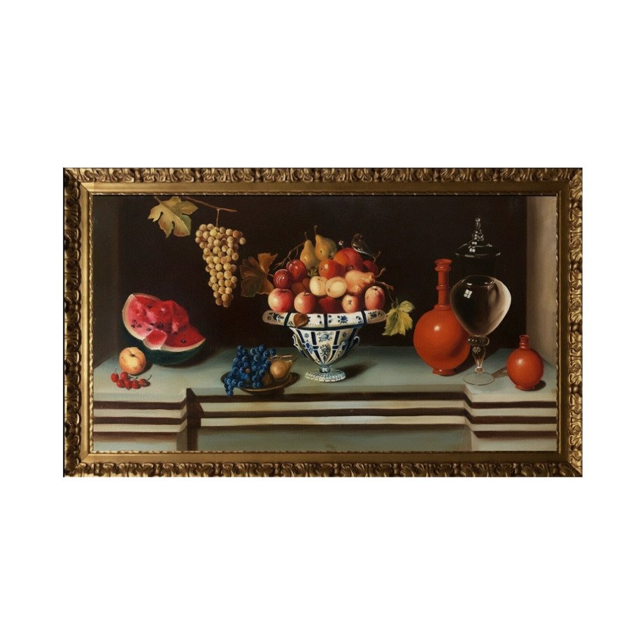 Spanish school (XX) - Still Life with Delft bowl, flask, and fruits (In the style of Thomas Hyepes) #1.0