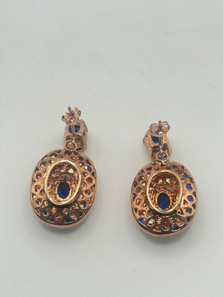 沒有保留價 - 耳環 - 9 節 銀, 玫瑰金 藍寶石 - 鉆石 #4.3