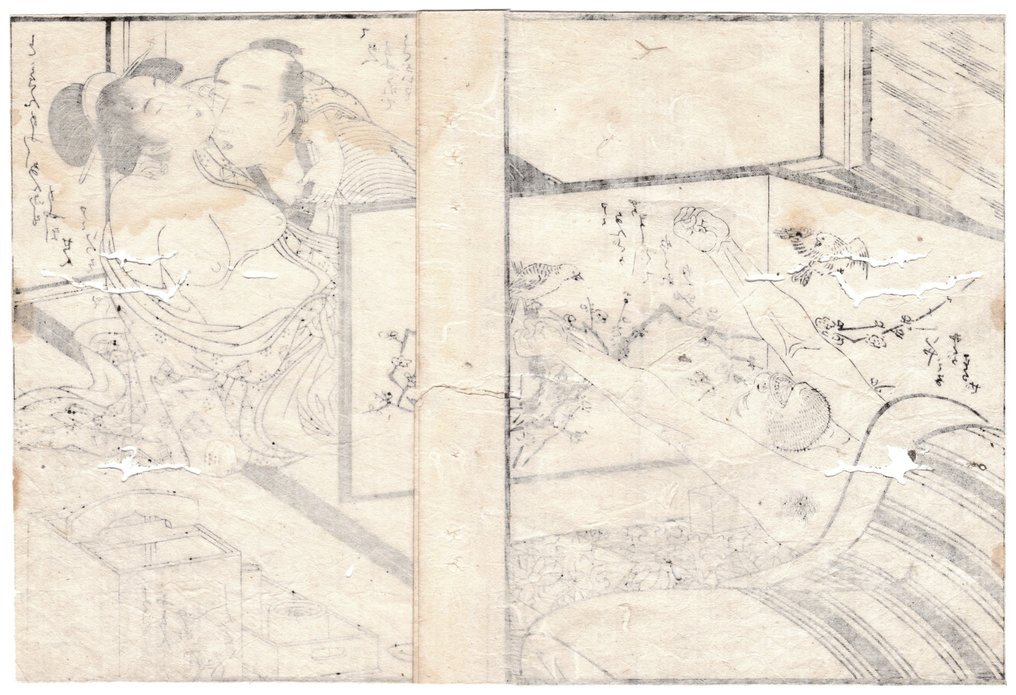 Sleepy Man Annoyed by Two Lovers - Man Sneaking under a Mosquito Net - ca. 1798 - Shunga Erotic Art - Kitagawa Utamaro 喜多川歌麿 (ca. 1753-1806) - 日本 -  江戶時代（1600-1868） #3.2