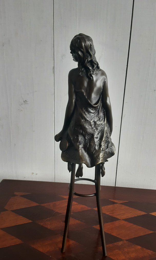 pierre cohaet - Posąg, vrouw op barkruk - 26.5 cm - Brązowy #3.2