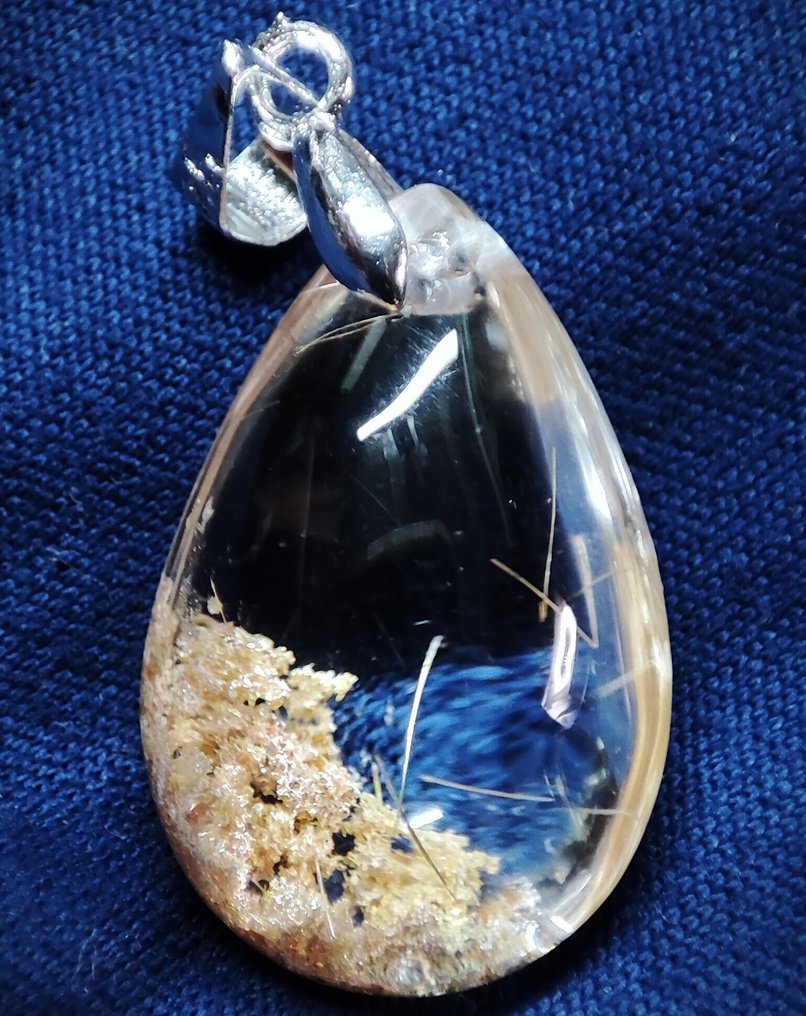 Nagyon gyönyörű, természetes, ritka Phantom/Gold Rutilated Quartz kristálykristály medál, 925 ezüst - Függő #1.0