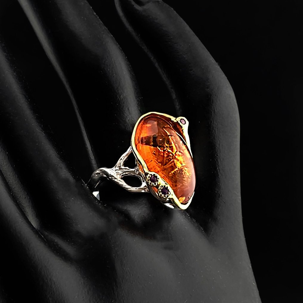 工匠波罗的海琥珀首饰——925银琥珀化石石配金色亮点 - 琥珀  (没有保留价) #3.2