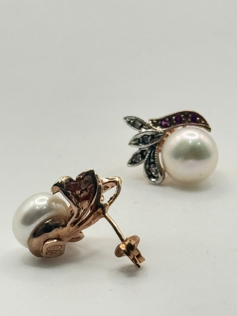 χωρίς τιμή ασφαλείας - Σκουλαρίκια - 9 kt. Ασημί, Ροζ χρυσό Ρουμπίνι - Διαμάντι #1.0