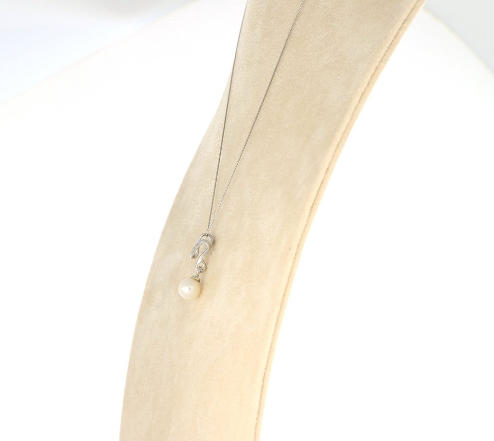 没有保留价 - 吊坠项链 - 18K包金 白金 -  0.04ct. tw. 钻石 (天然)  - 珍珠 #3.2