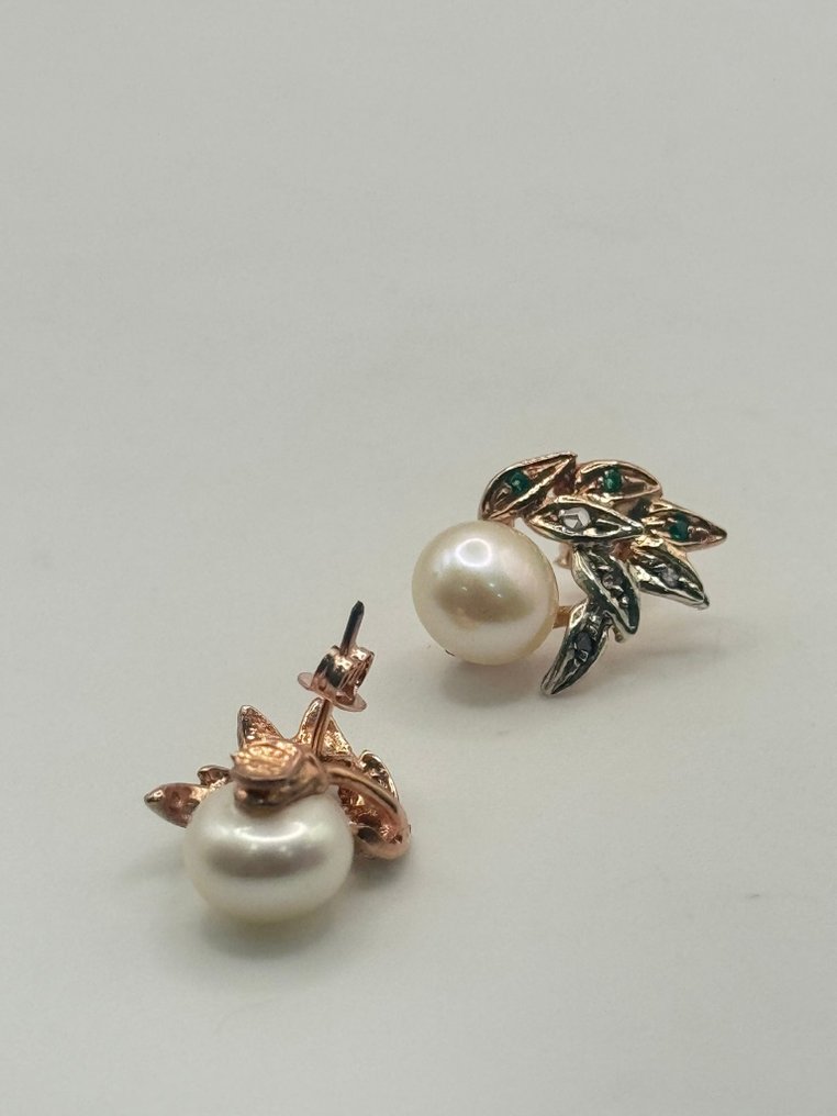 Ingen mindstepris - Øreringe - 9 kt. Sølv, Rosaguld Perle - Smaragd #2.1