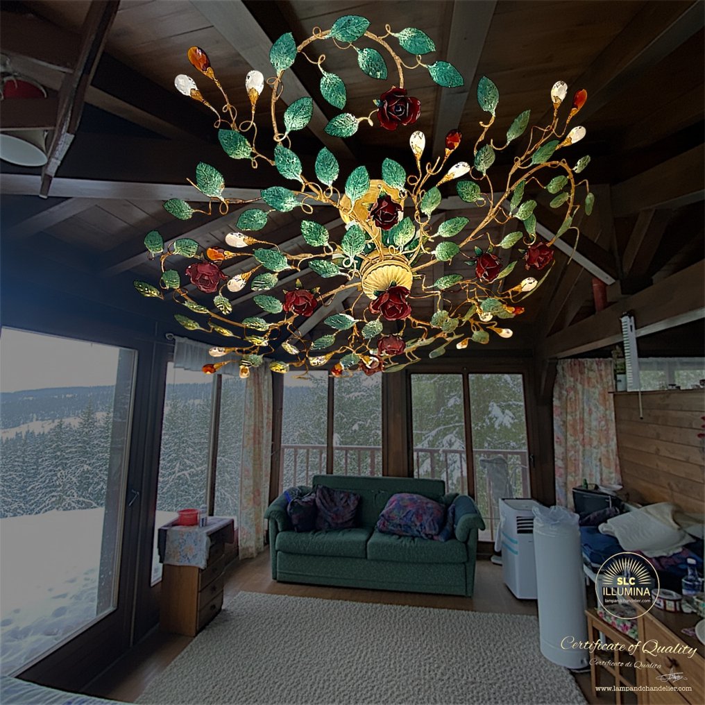 SLC Illumina - MG - Ceiling lamp - Rose laminated in gold with green leaves. - Wrought iron #4.3