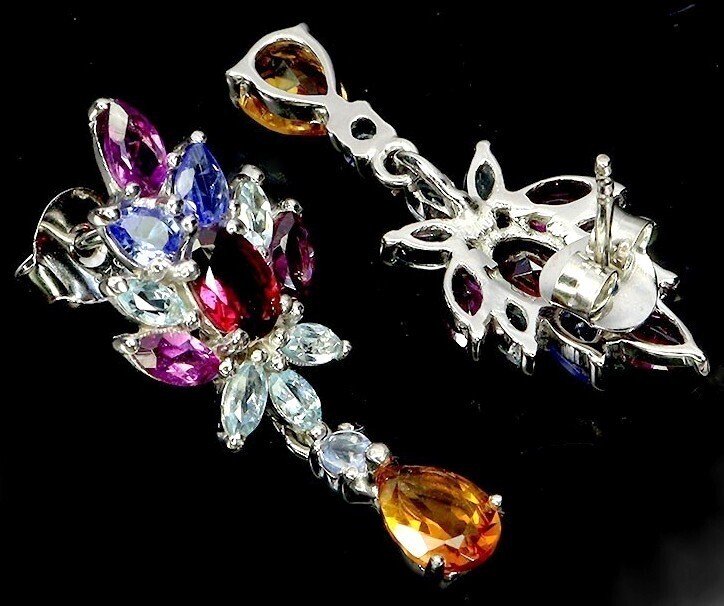 沒有保留價 - 耳環 銀 黃水晶 - 石榴石 - 坦桑石，海蓝宝 #3.2