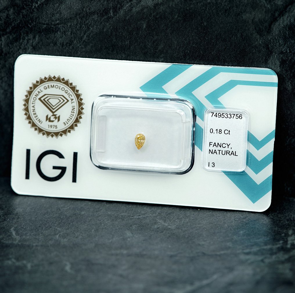 没有保留价 - 1 pcs 钻石 (天然色彩的) - 0.18 ct - 梨形 - Fancy intense 似橙色 黄色 - I3 - 国际宝石研究院(IGI) #4.3