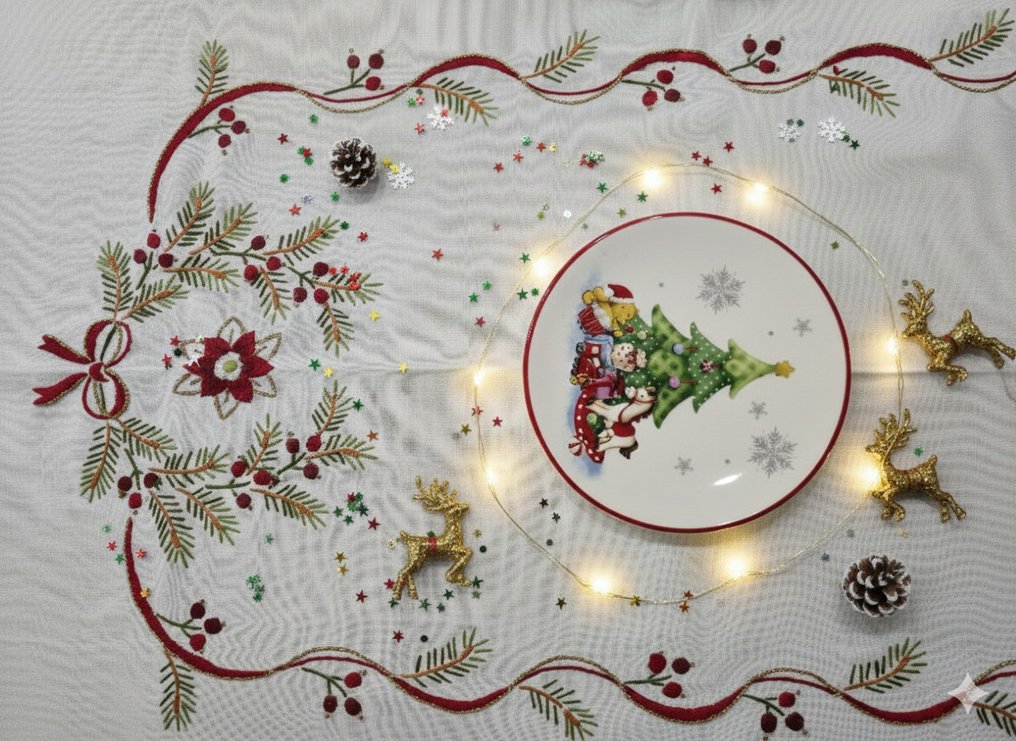 Elegante Tovaglia Natalizia ricamata a mano su misto lino Gran misura 175x310 cm tablecloth - Duk  - 310 cm - 175 cm #1.0