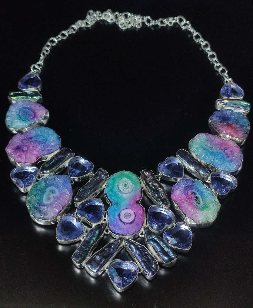 无底价 美丽的一流品质太阳能水晶紫水晶和巴洛克珍珠 手工制作 925 - Collar 頸鏈 #1.0