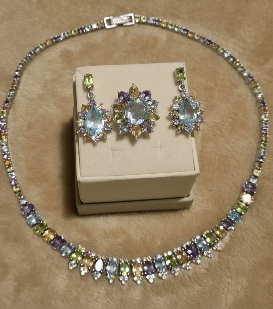 χωρίς τιμή ασφαλείας - Σετ κοσμημάτων 3 τεμαχίων Ασημί Τοπάζιο - Διάφοροι πολύτιμοι λίθοι - Συλλογή Βραζιλιάνικων Πολύτιμων Λίθων #1.0