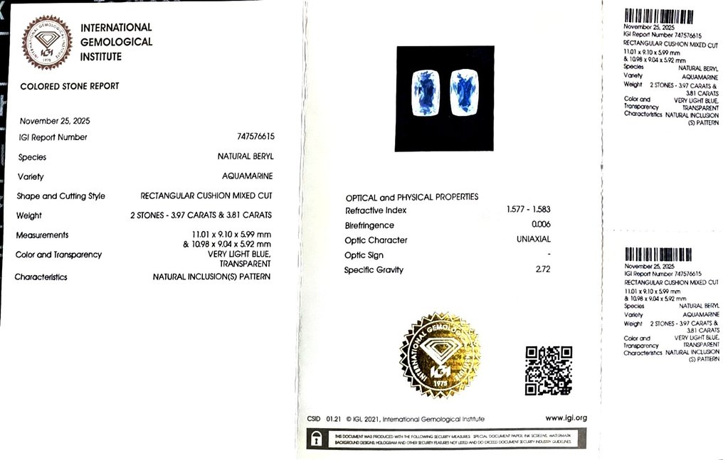 没有保留价 - 2 pcs  蓝色 海蓝宝石  - 7.78 ct - 国际宝石研究院（IGI） #2.1