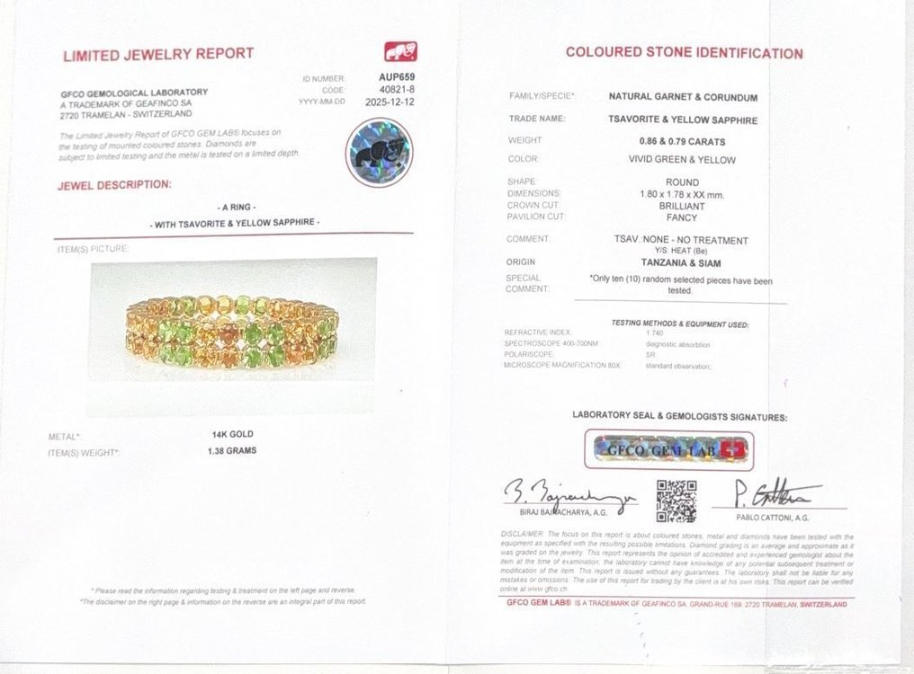 Sans prix de réserve - Bague - 14 carats Or jaune -  1.65ct. tw. Tsavorite - Saphir - Certificat GFCO #3.2
