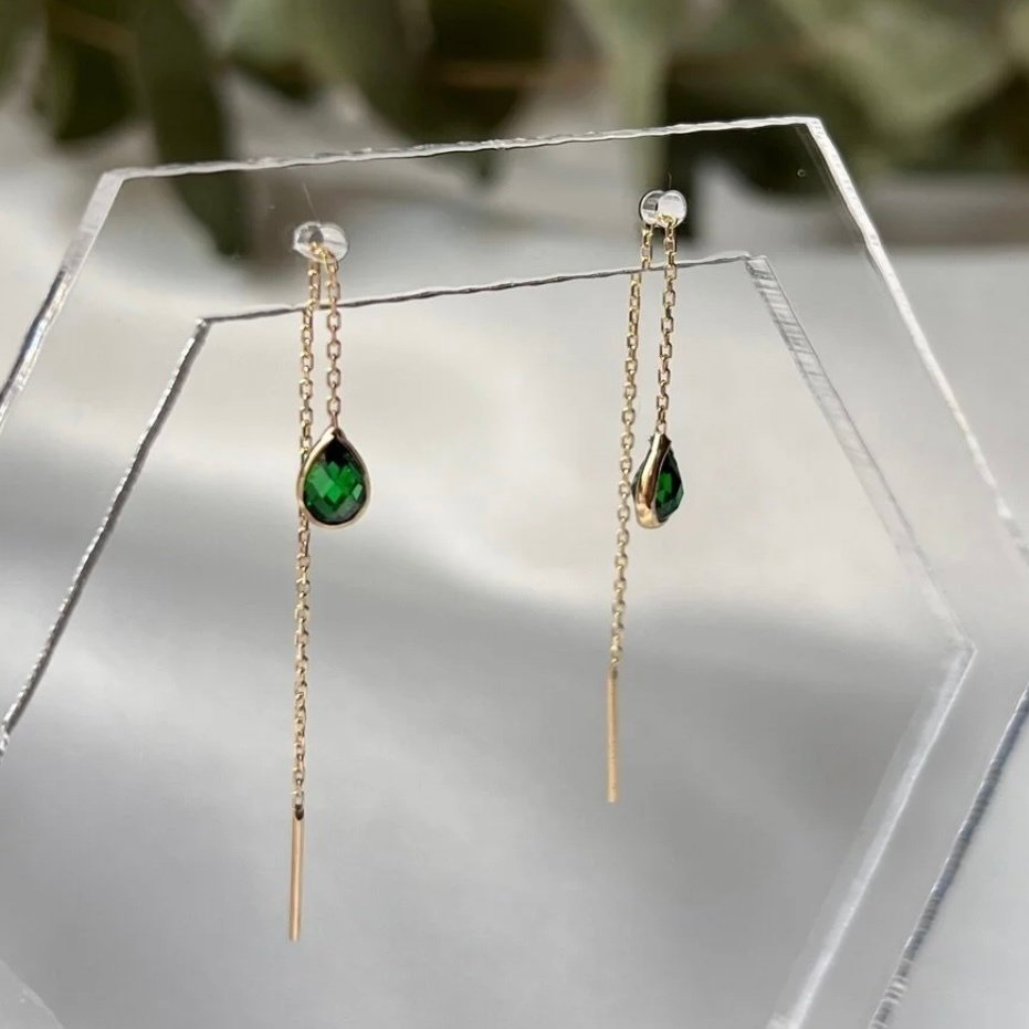 Nincs minimálár - Handmade - Drop fülbevaló - 14 kt. Sárga arany Cirkon - Körte alakú zöld #3.2