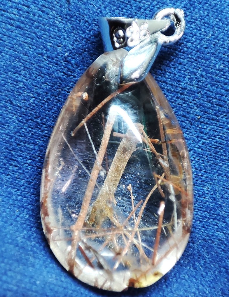 无保留价，非常漂亮，非常罕见，透明金色金红石包裹水晶石吊坠，925银夹子 - 吊坠 #2.1