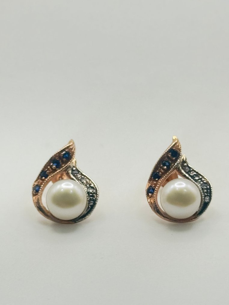 Ohne mindestpreis - Ohrringe - 9 Kt Silber, Roségold Saphir - Diamant #1.0