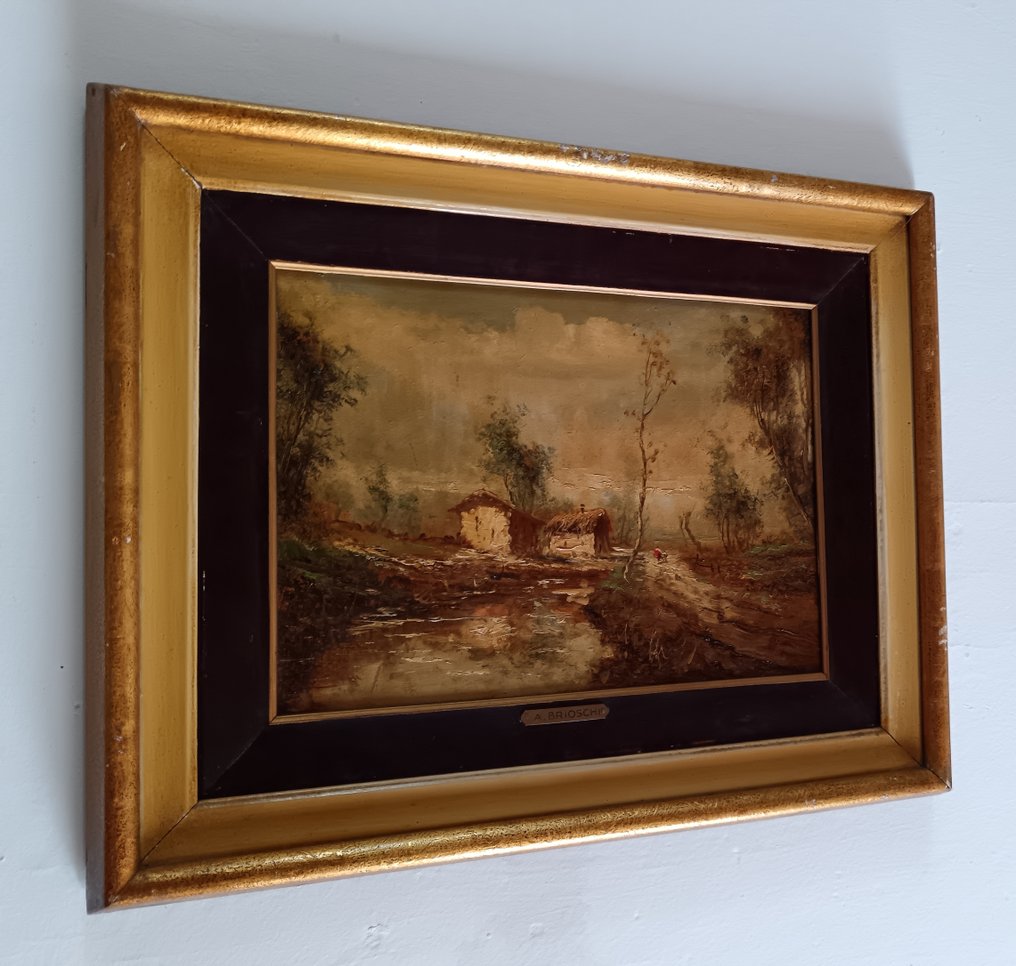 Athos Renzo Brioschi (1910-2000) - Paesaggio fluviale con rustici e figure #3.2