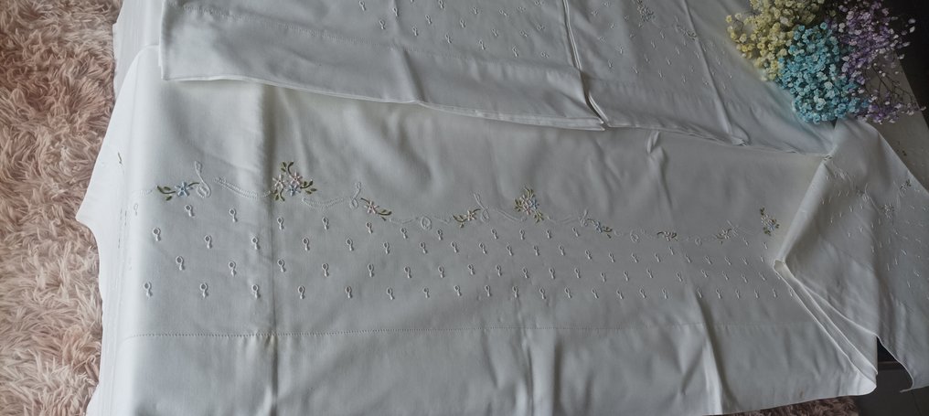 Espetacular lençol com fronhas com lindas flores bordadas à mão - Lençol (3)  - 250 cm - 200 cm #3.2