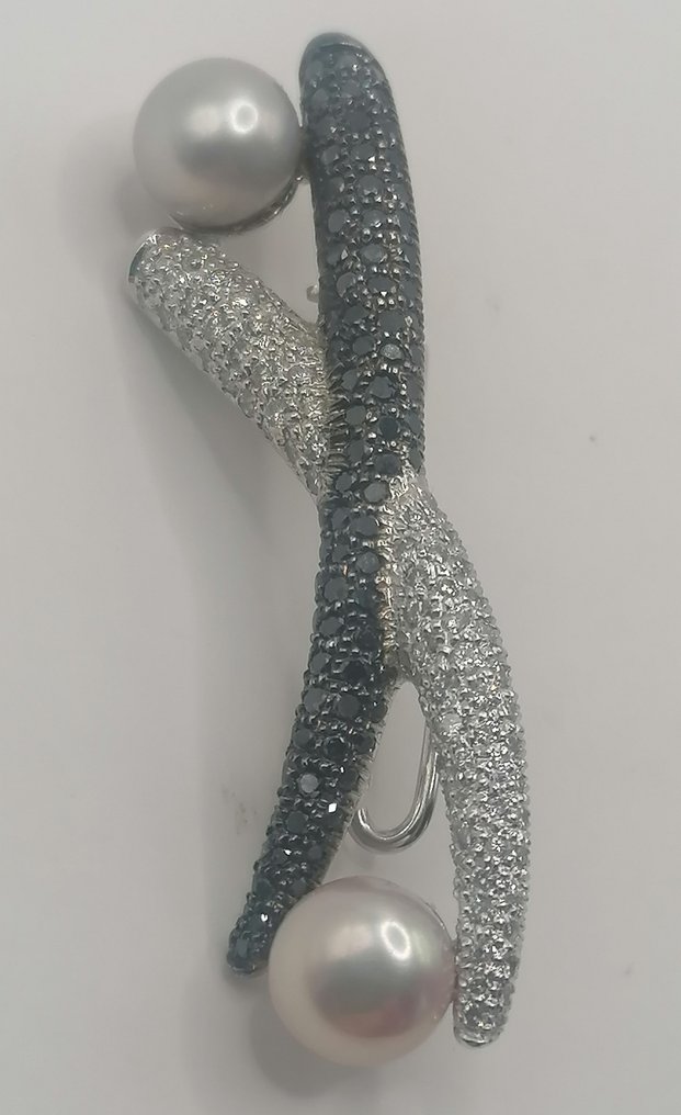 Καρφίτσα - 18 καράτια Λευκός χρυσός - 1.96ct. tw. Μαργαριτάρι - Διαμάντι #1.0