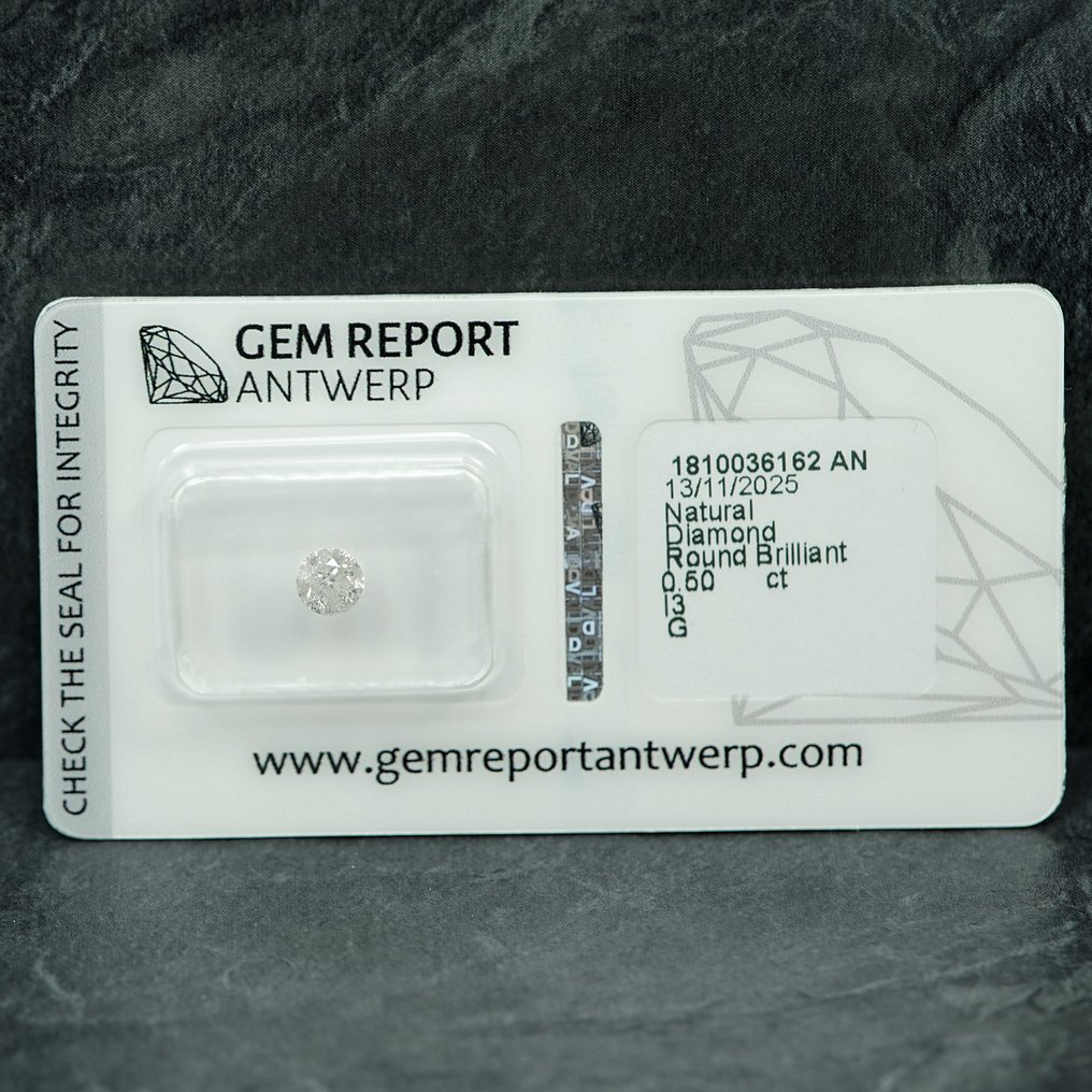 Ingen mindstepris - 1 pcs Diamant  (Natur)  - 0.50 ct - Rund - G - I3 - Gem Report Antwerp (GRA) #1.0
