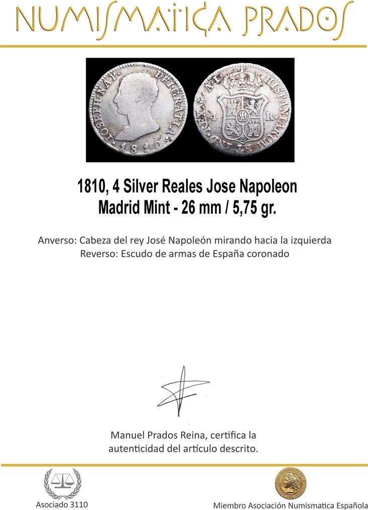 Spanien. Jose Napoleón. 4 Reales 1810 Madrid AI (Ingen mindstepris) #1.0