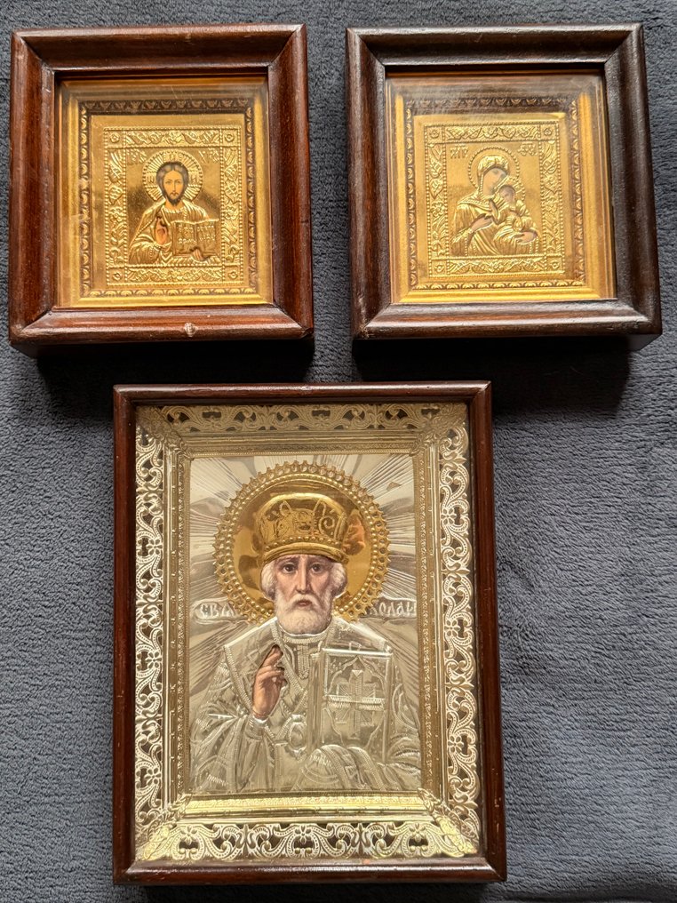 Icon - Christ Pantocrator, Mother of God, Nicholas the Wonderworker - Wood, Metal #1.0