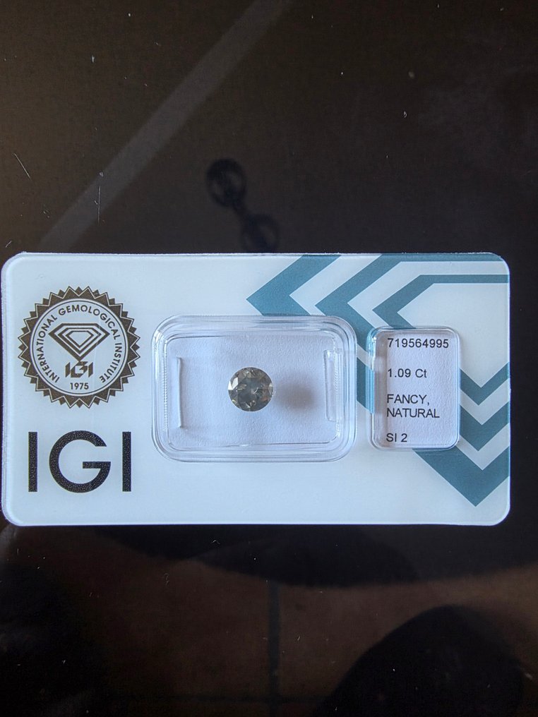 1 pcs Timantti  (Luonnonvärinen)  - 1.09 ct - Pyöreä - Fancy Harmahtava, Rusehtava Keltainen - SI2 - Kansainvälinen gemologinen instituutti (IGI) #1.0