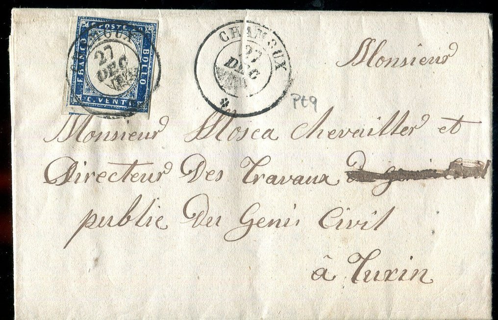 Italian Ancient States - Sardinia 1855/1858 - The rare Chamoux cancellation rated 9 points. - Sassone 15A #1.0