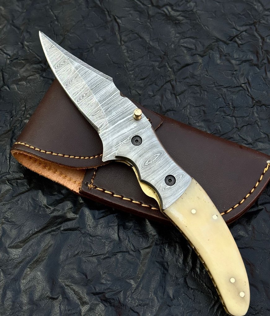 厨刀 - 厨房刀具 - 高端大马士革折叠口袋刀 - 天然骨柄配皮套 - 亚洲 #1.0