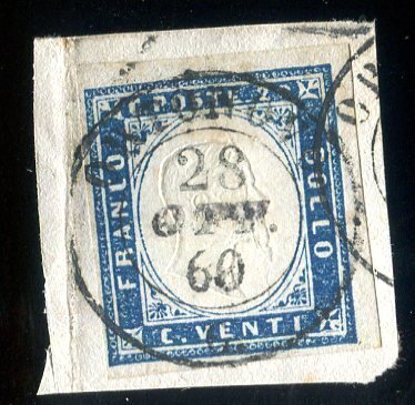 Αρχαία ιταλικά κράτη - Σαρδηνία 1855/1858 - Η εξαιρετικά σπάνια σφραγίδα του ORTONOVO αξιολογήθηκε με 2 πόντους R2. - Sassone 15A #1.0