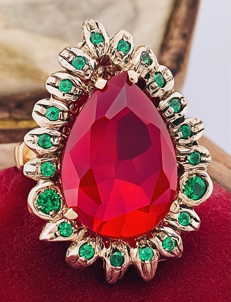 没有保留价 - 戒指 - 9 kt. 银, 玫瑰金 红宝石 - 祖母绿 #2.1